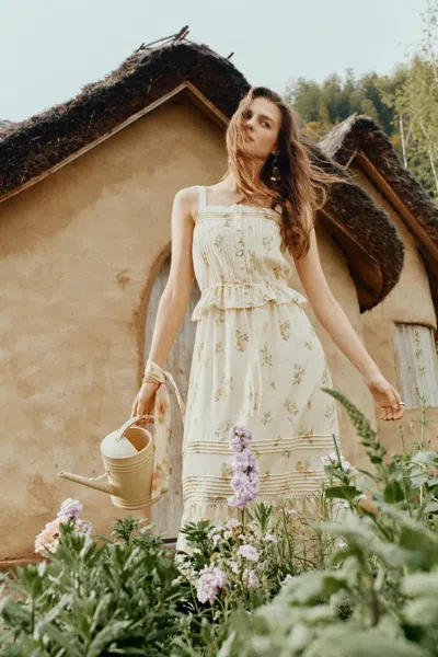 Fabrique Sylvia Floral Lace Trim Layered Sleeveless Cami Dress In Linen Blend In Yellow