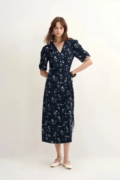Fabrique Teana French Floral Wrap Midi Dress In Tencel Blend In Blue