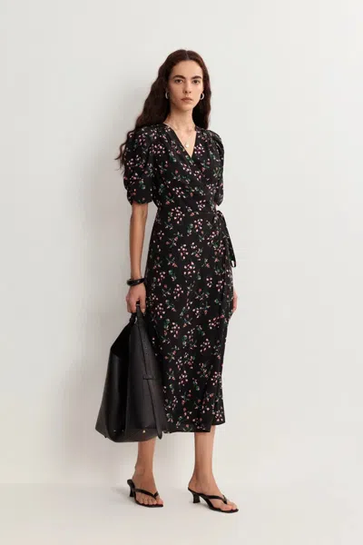 Fabrique Teana V Neck Floral Dress In Mulberry Silk Crepe In Black