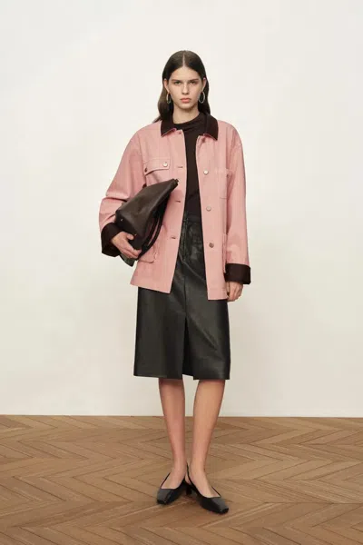 Fabrique Telmo Dusty Pink Leather Collar Patch Pocket Jacket In Cotton Denim