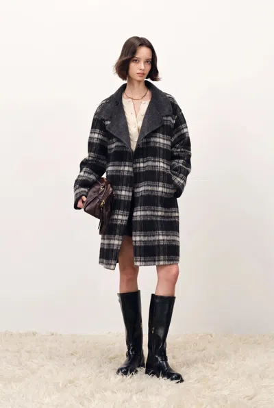 Fabrique Telos Plaid Reversible Midi Coat In Wool Blend In Black