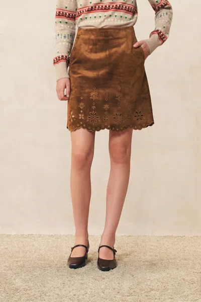 Fabrique Terence Floral Cutwork Embroidery Skirt In Faux Suede In Earth Tone