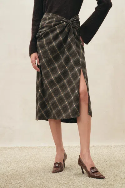 Fabrique Tessa Plaid Twist Front Split Skirt In Earth Tone