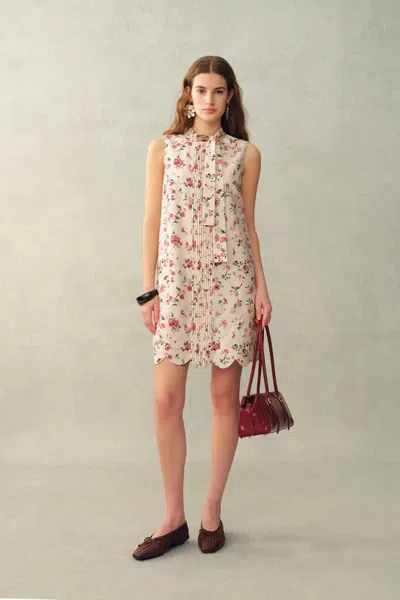 Fabrique Thea Bow Tie Hand Painted Floral Sleeveless A Line Dress In Silk Cotton Blend In White
