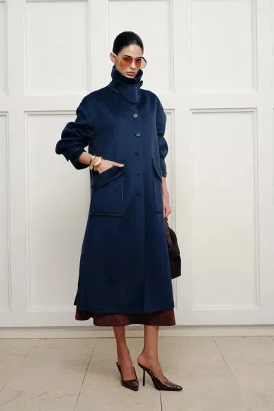Fabrique Theo Midnight Blue Trim Coat In Double Face Merino Cashmere