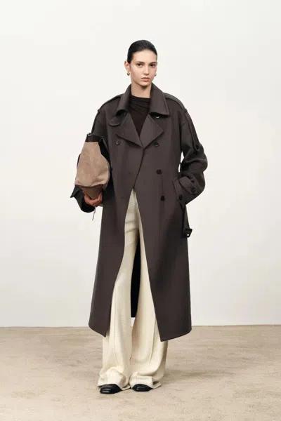 Fabrique Tristan Double Breasted Long Coat In Double Face Merino Cashmere In Gray