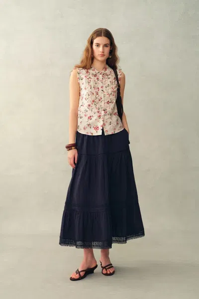 Fabrique Ursa Hand Painted Floral Sleeveless Top In Silk Cotton Blend In White