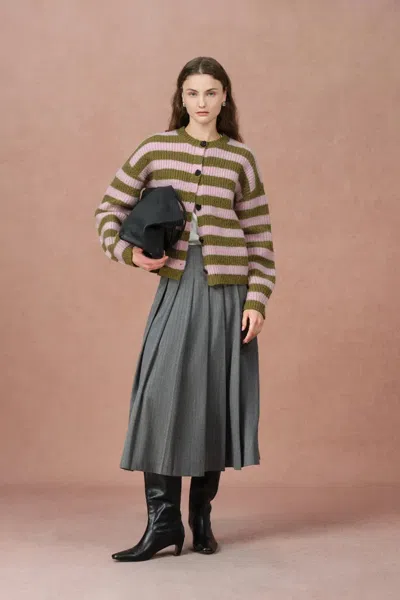 Fabrique Valentina Balloon Sleeve Striped Cardigan In Merino Wool Knit In Pink