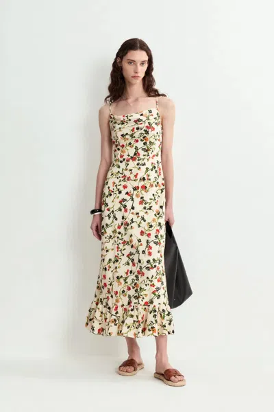 Fabrique Valentina Rose Vine Ruched Strap Midi Dress Matte Silk Crepe In Multi