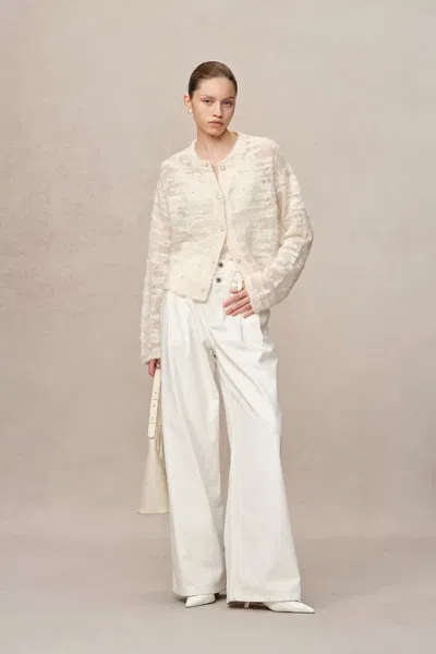 Fabrique Vega Hand Swen Pearl Cardigan In Alpaca Blend Bouclé Knit In White