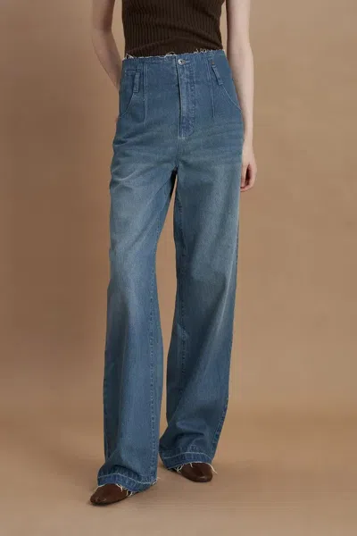 Fabrique Vega High-waisted Frayed Hem Jeans In Washed Cotton Denim In Blue