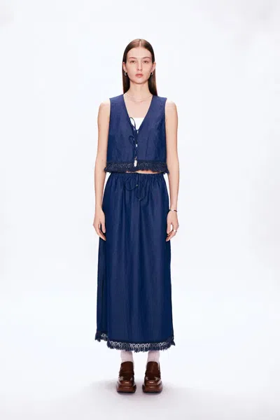 Fabrique Velia Handcrafted Tassel Vest And Skirt Set In Cotton Denim In Blue