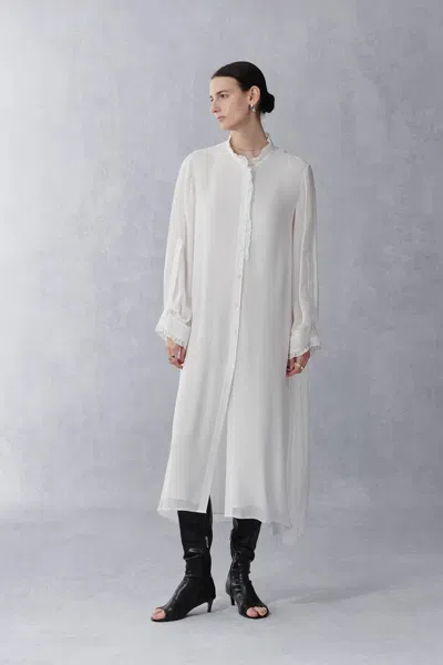 Fabrique Venus Semi Sheer Victorian Inspired Maxi Shirt Dress In Silk Georgette In White