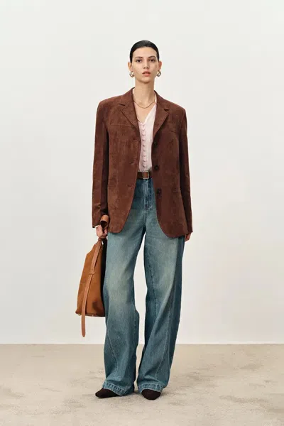 Fabrique Verdi Curved Hem Loose Suit Blazer In Faux Suede In Brown