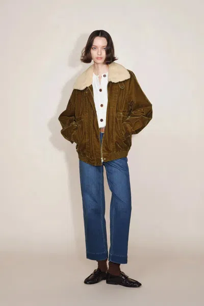 Fabrique Veronica Faux Fur Collar Jacket In Washed Velvet Denim In Brown
