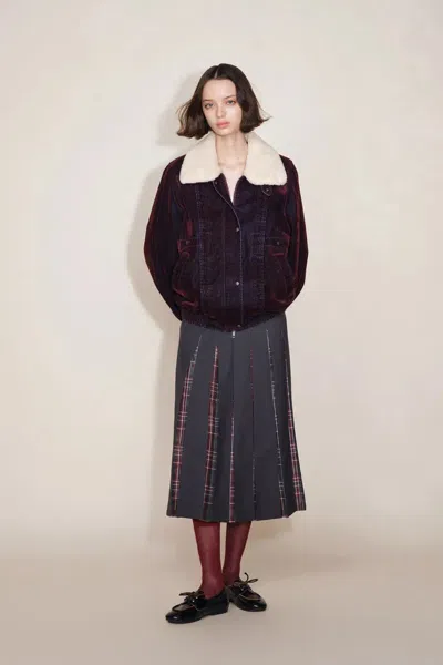 Fabrique Veronica  Faux Fur Collar Quilted Jacket In Flocked Denim In Red