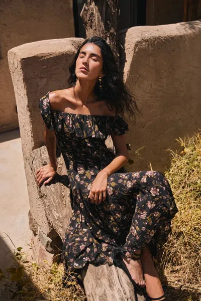 Fabrique Veronica Handpainted Floral Ruffle Dress In Viscose In Black