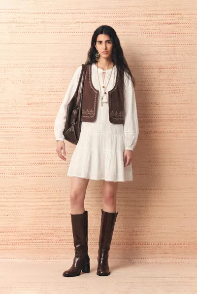 Fabrique Vestsue Embroidery Vest In Faux Suede In Earth Tone