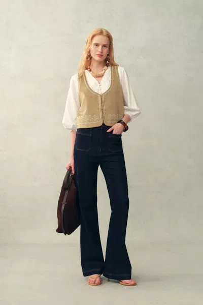 Fabrique Vestsue Faux Embroidered Suede Sleeveless Vest Top In Brown