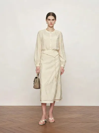 Fabrique Veyra Embroidered Collarless Shirt And Skirt Matching Set In Lightweight Cotton Blend In Neutral