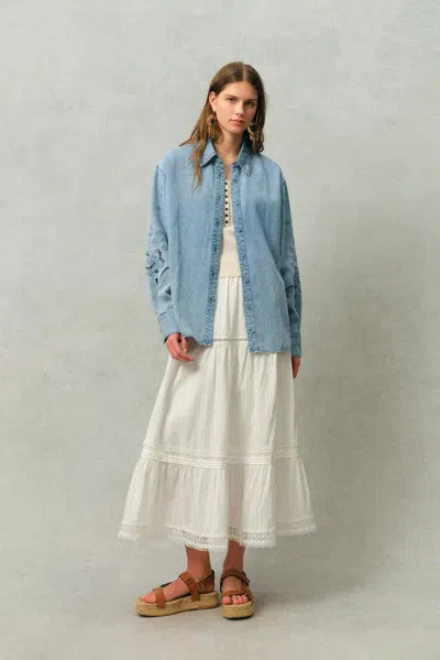 Fabrique Vinetta Curved Button Placket Floral Embroidered Shirt In Cotton Linen Denim In Blue