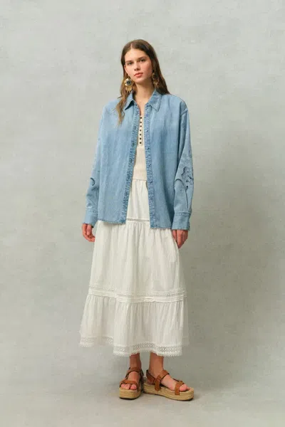 Fabrique Vinetta Embroidered Shirt In Cotton-linen Denim In Blue
