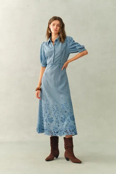 Fabrique Vinetta Puff Sleeve Dress In Cotton Linen Denim In Blue