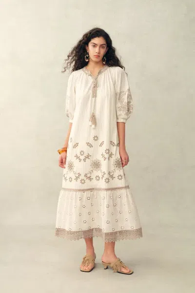 Fabrique Viola Embroidery Puff-sleeve Midi Dress In Cotton Jacquard In White