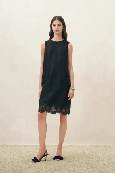 Fabrique Violet Embroidery Embellished Dress In Silk-wool Satin In Black