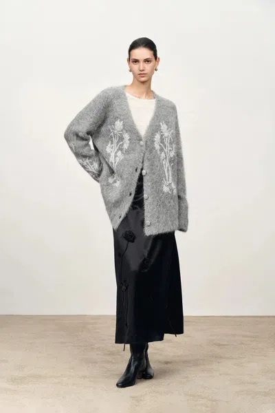 Fabrique Violet Hand Work Cereus Flora Cardigan In Alpaca Blend Knit In Gray