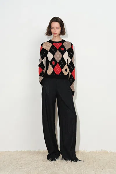 Fabrique Vittoria Hand Embroidery Argyle Sweater In Wool Blend In Black