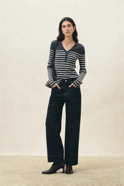 Fabrique Vivi Gray Striped Henley Top In Wool Blend In Grey