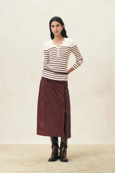 Fabrique Vivi Red Striped Henley Top In Wool Blend