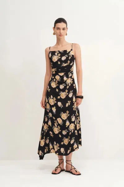 Fabrique Vivian Flora Strap Dress In 22mm Mulberry Silk In Black