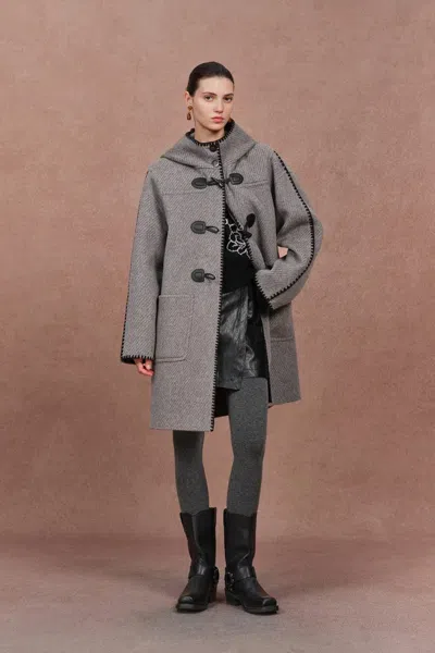 Fabrique Vivien Horn Button Hooded Coat In Herringbone Wool Camel Down In Gray