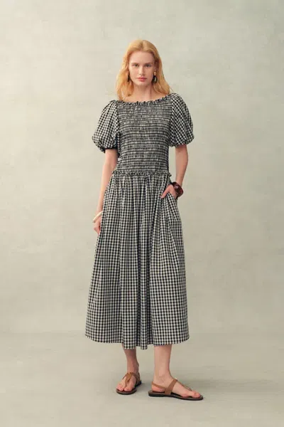 Fabrique Vivinea Gingham Smocked Puff-sleeve Dress In Cotton In Black