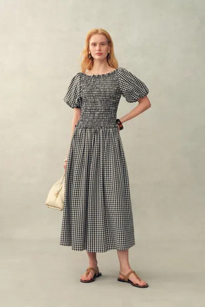 Fabrique Vivinea Gingham Smocked Puff-sleeve Dress In Cotton In Gray