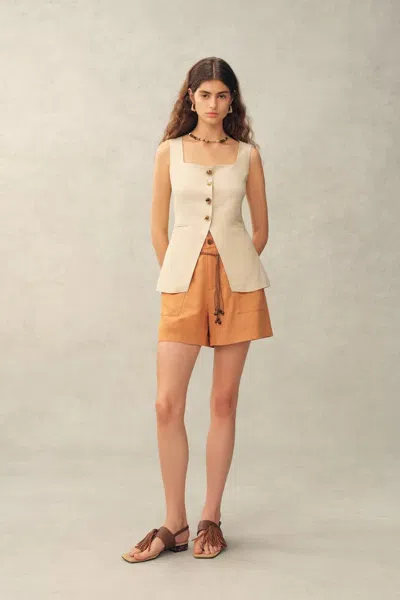 Fabrique Wendy Cinched Sleeveless Top In Linen Blend In Neutral