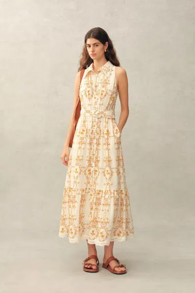 Fabrique Wendy Floral Embroidery Belted Sleeveless Dress In Linen Blend In Black