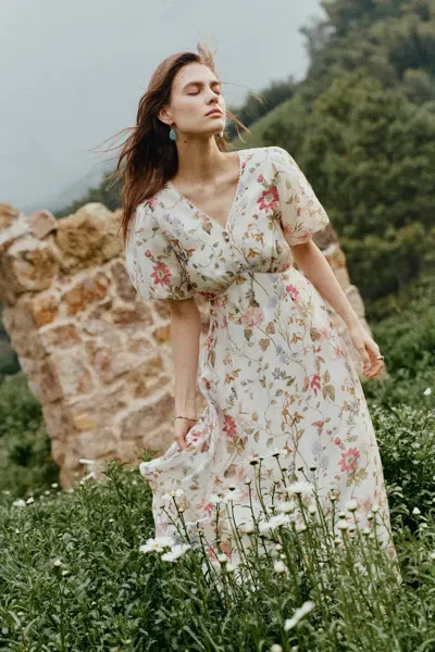 Fabrique Willa Floral Print V Neck Puff Sleeve Dress In Silk Linen Organza In Multi