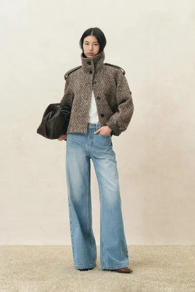 Fabrique Willow Herringbone Cropped Coat In Wool Tweed In Brown
