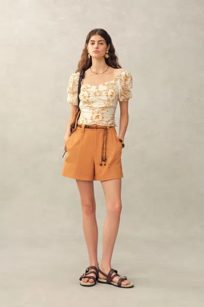 Fabrique Winnie Floral Embroidery Ruched Puff Sleeve Top In Linen Blend In Blue