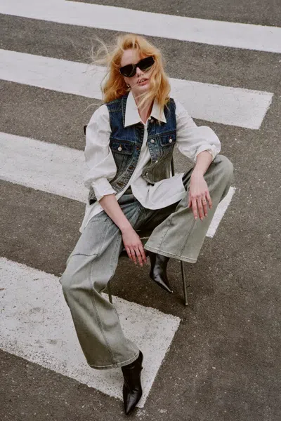 Fabrique Winona Gradient Collar Short Vest In Cotton Denim In Multi