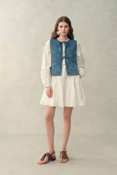 Fabrique Wren Paisley Sleeveless Vest Top In Cotton Denim In Blue