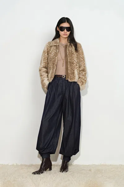 Fabrique Wren Spotted Cropped Coat In Faux Fawn Fur In Brown