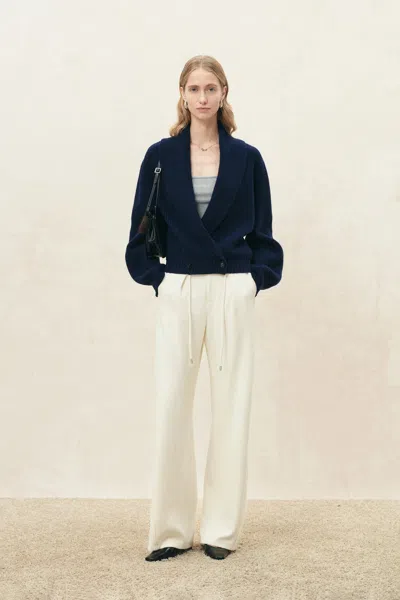 Fabrique Xaviera Relaxed Shawl Collar Cardigan In 100% Wool In Blue