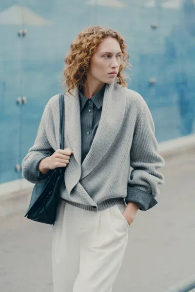 Fabrique Xaviera Relaxed Shawl Collar Cardigan In 100% Wool In Gray