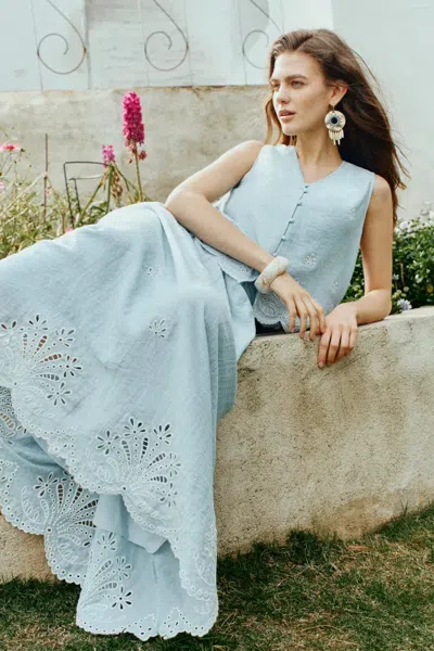 Fabrique Yori Floral Embroidery V Neck Sleeveless Top And Skirt Set In Linen Blend In Blue