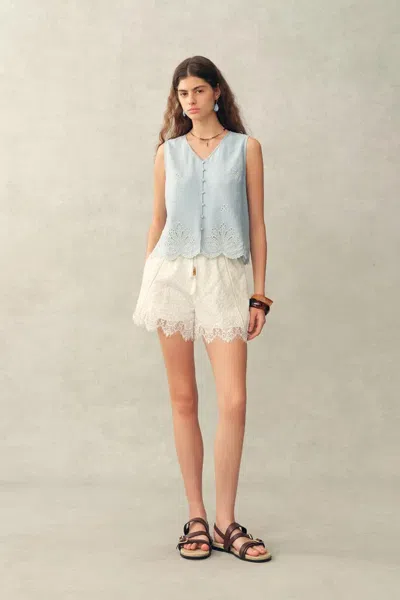 Fabrique Yori Floral Embroidery V Neck Sleeveless Top In Linen Blend In Blue