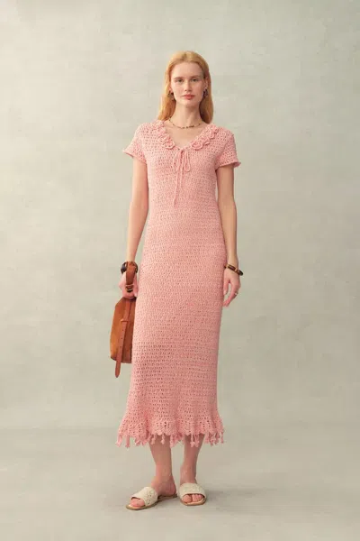 Fabrique Yori Hand Crocheted Floral Dress In Cotton In Pink